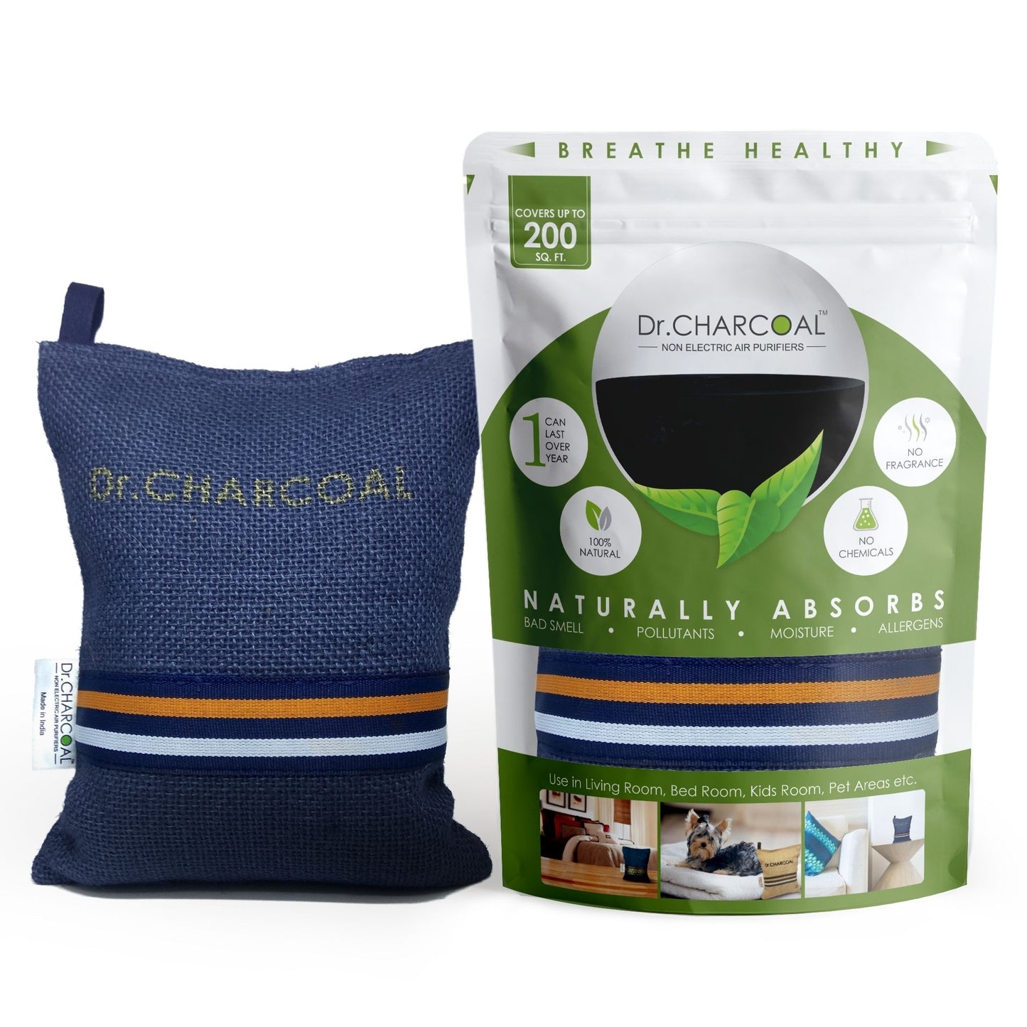 Dr. CHARCOAL Air Purifier Bags to Deodorize and Dehumidify Living Room, Bedroom, Pet Areas (500g)