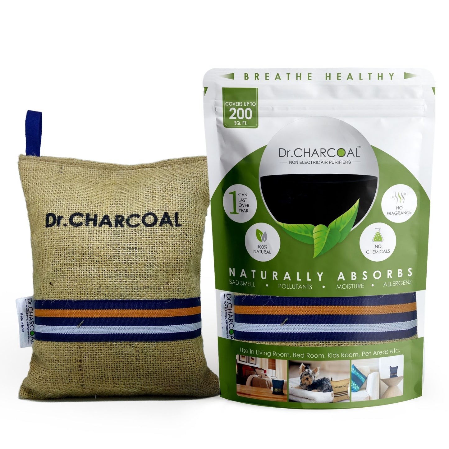 Dr. CHARCOAL Air Purifier Bags to Deodorize and Dehumidify Living Room, Bedroom, Pet Areas (500g)