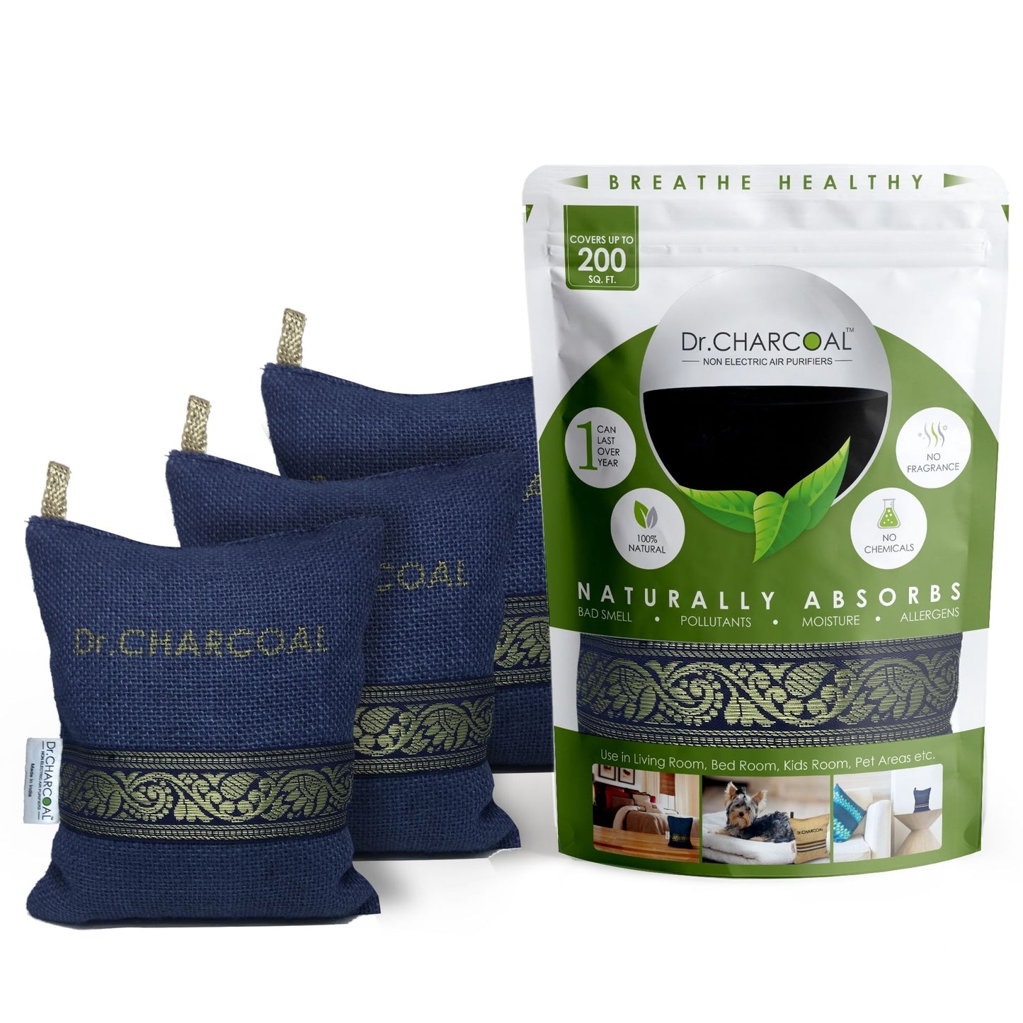 Dr. CHARCOAL Air Purifier Bags to Deodorize and Dehumidify Living Room, Bedroom, Pet Areas (500g)