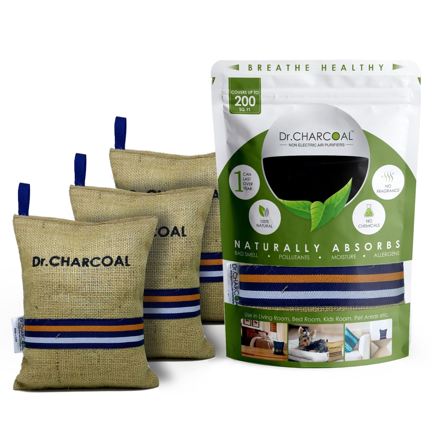 Dr. CHARCOAL Air Purifier Bags to Deodorize and Dehumidify  Living Room, Bedroom, Pet Areas (500g)