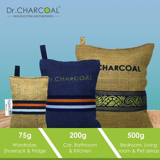 Dr. CHARCOAL Air Purifier Bags to Deodorize and Dehumidify Wardrobe, Fridge and Shoe Rack (75g)